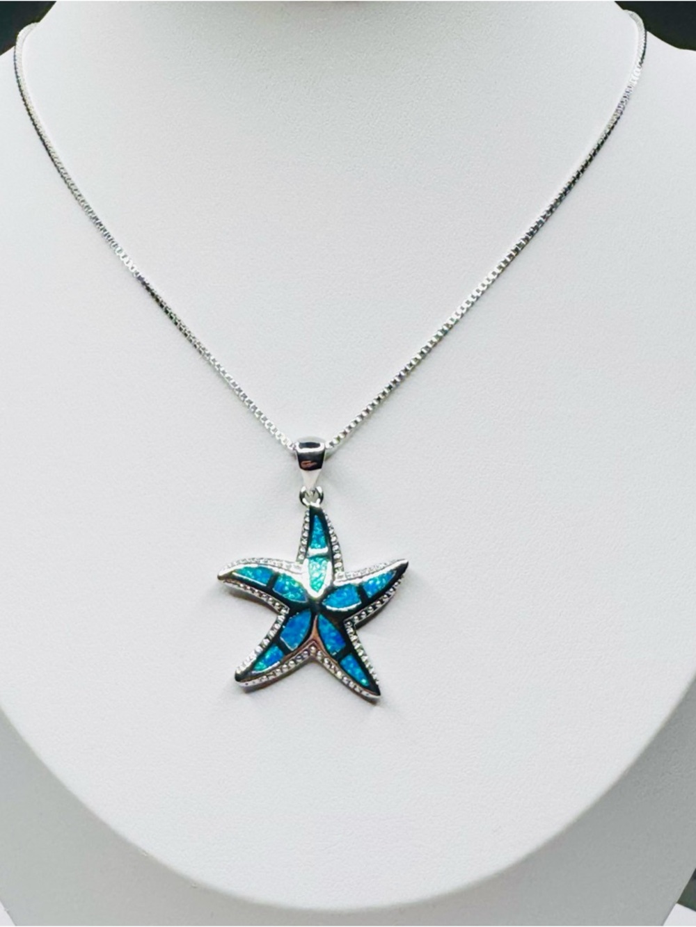 Sterling Silver Blue Opal Starfish Pendant Necklace - Picture 7 of 7
